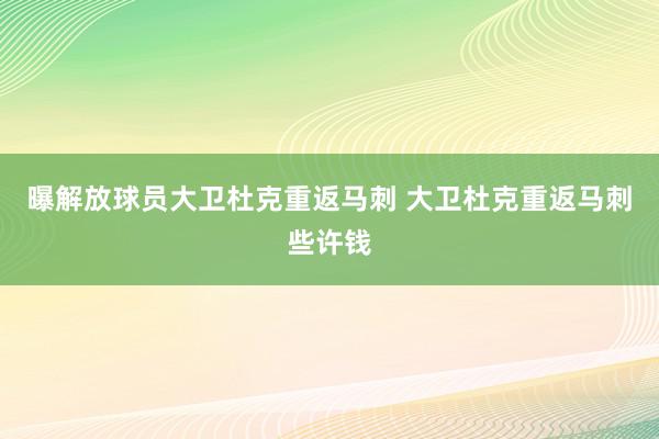 曝解放球员大卫杜克重返马刺 大卫杜克重返马刺些许钱